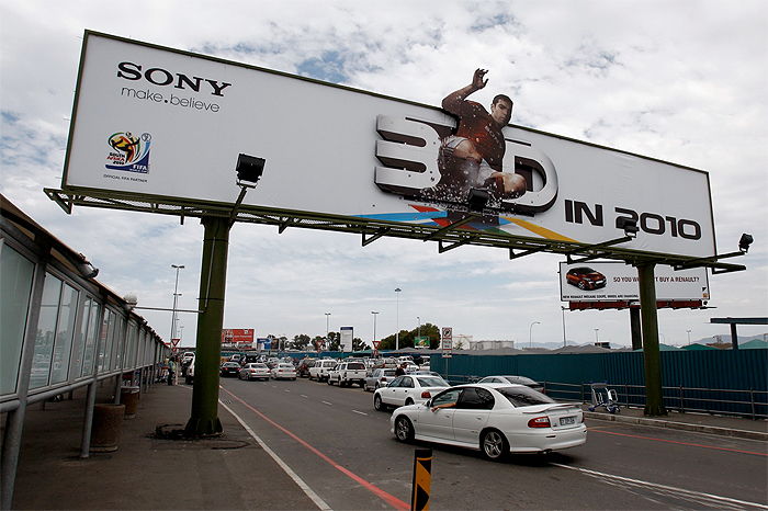 A billboard promoting the FIFA and Sony partnership for the 2010 World Cup. The tournament will take place in South Africa from June 11 to July 11.